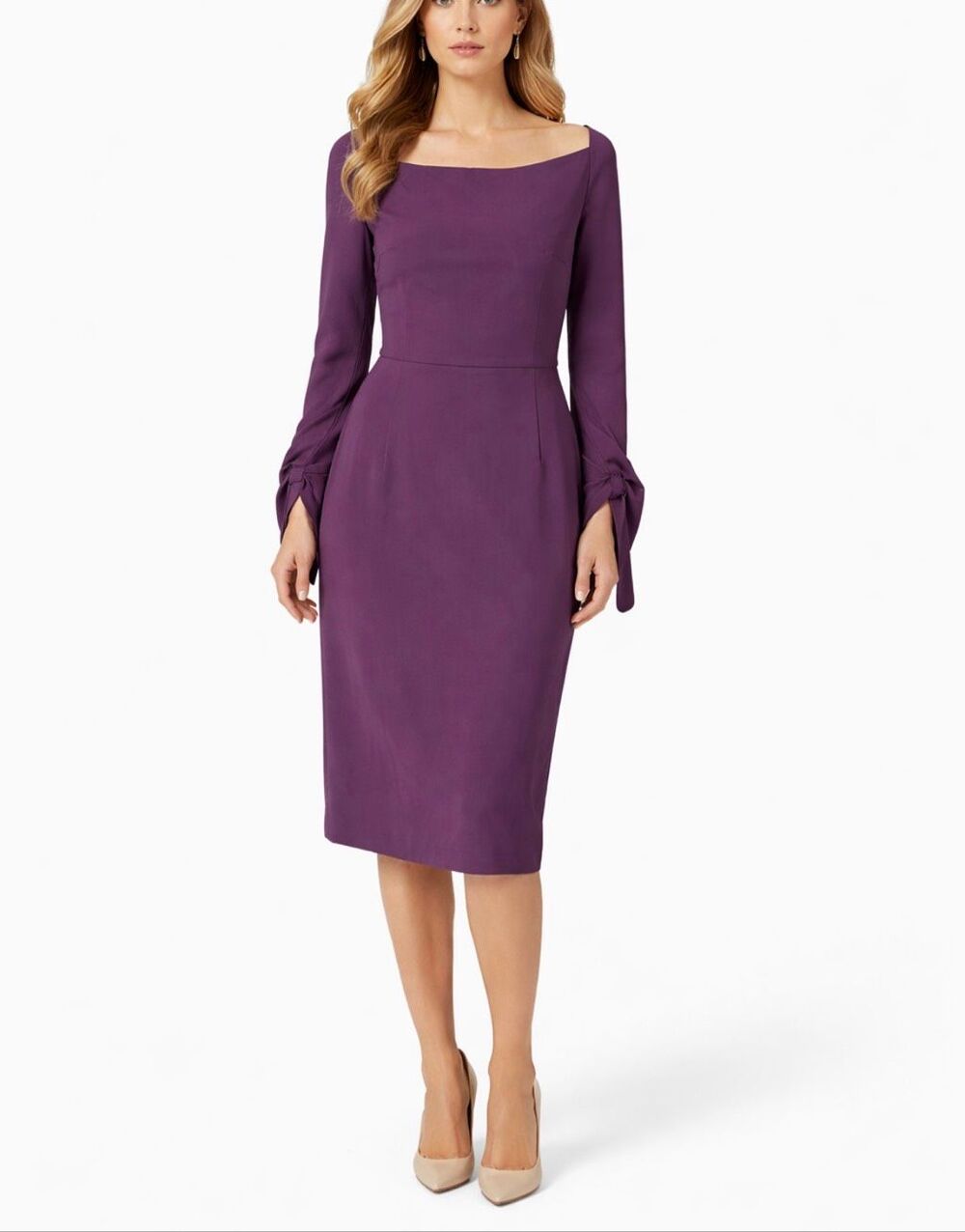 Roland Mouret Saks Purple Square Neck Bell Sleeve Midi Sheath Dress 12